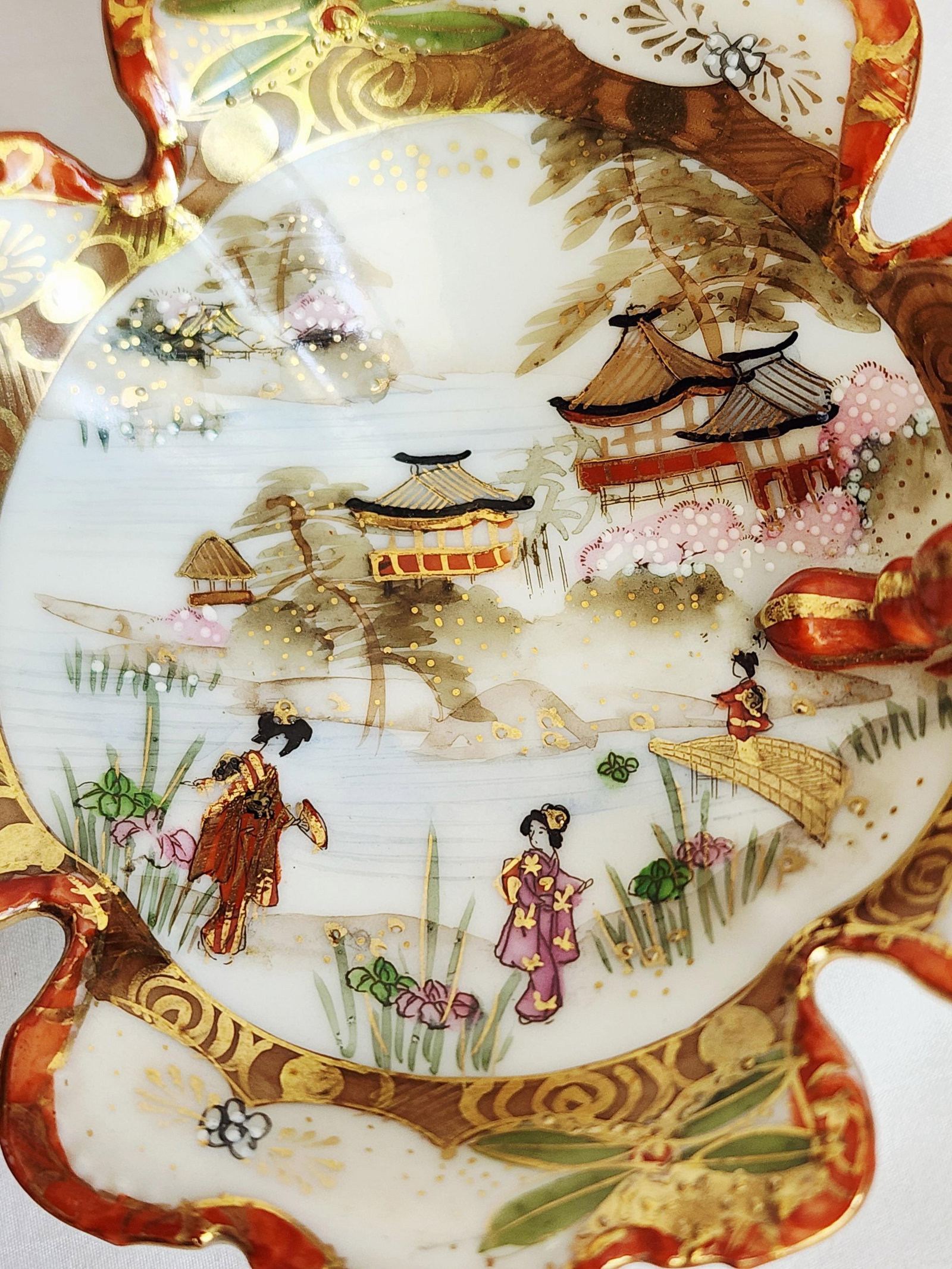 Antique Hand Painted Japanese Kutani Porcelain Trinket Bowl Asian Handled Bowl Decor - 5