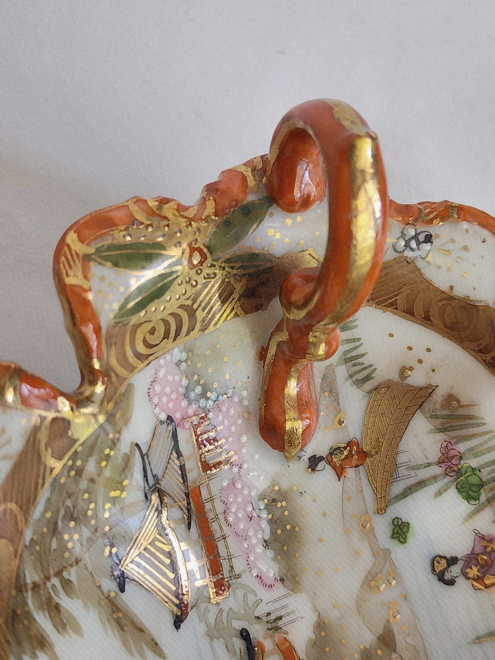 Antique Hand Painted Japanese Kutani Porcelain Trinket Bowl Asian Handled Bowl Decor - 7