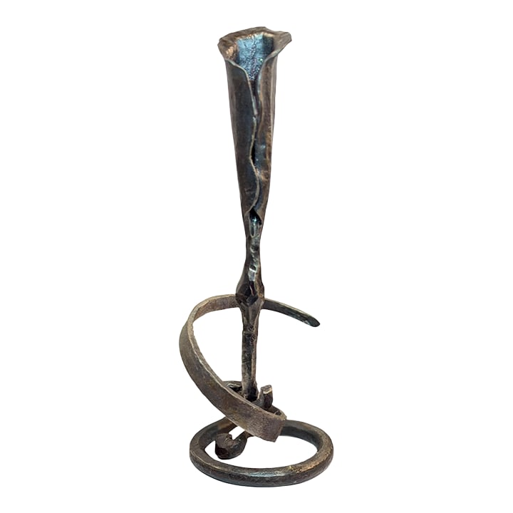 Hand Wrought Iron Calla Lily Candle Holder in the Style of Jack Brubaker: Hand Wrought Iron Candle Holder in the Style of Jack Brubaker 12" Post modern brutalist calla lily hand wrought iron candlestick in the style of Jack Brubaker. Interesting! Well crafted. Measures 12" 