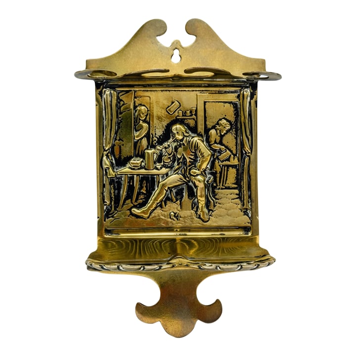 Vintage European Brass Tavern Interior Brass Wall Match Holder, Repousse Pub Scene Wall Pocket: This vintage solid brass wall-mounted match holder features a richly detailed repousse tavern interior scene: a seated gentleman with tankard and pipe at a rustic table, with additional figures and he