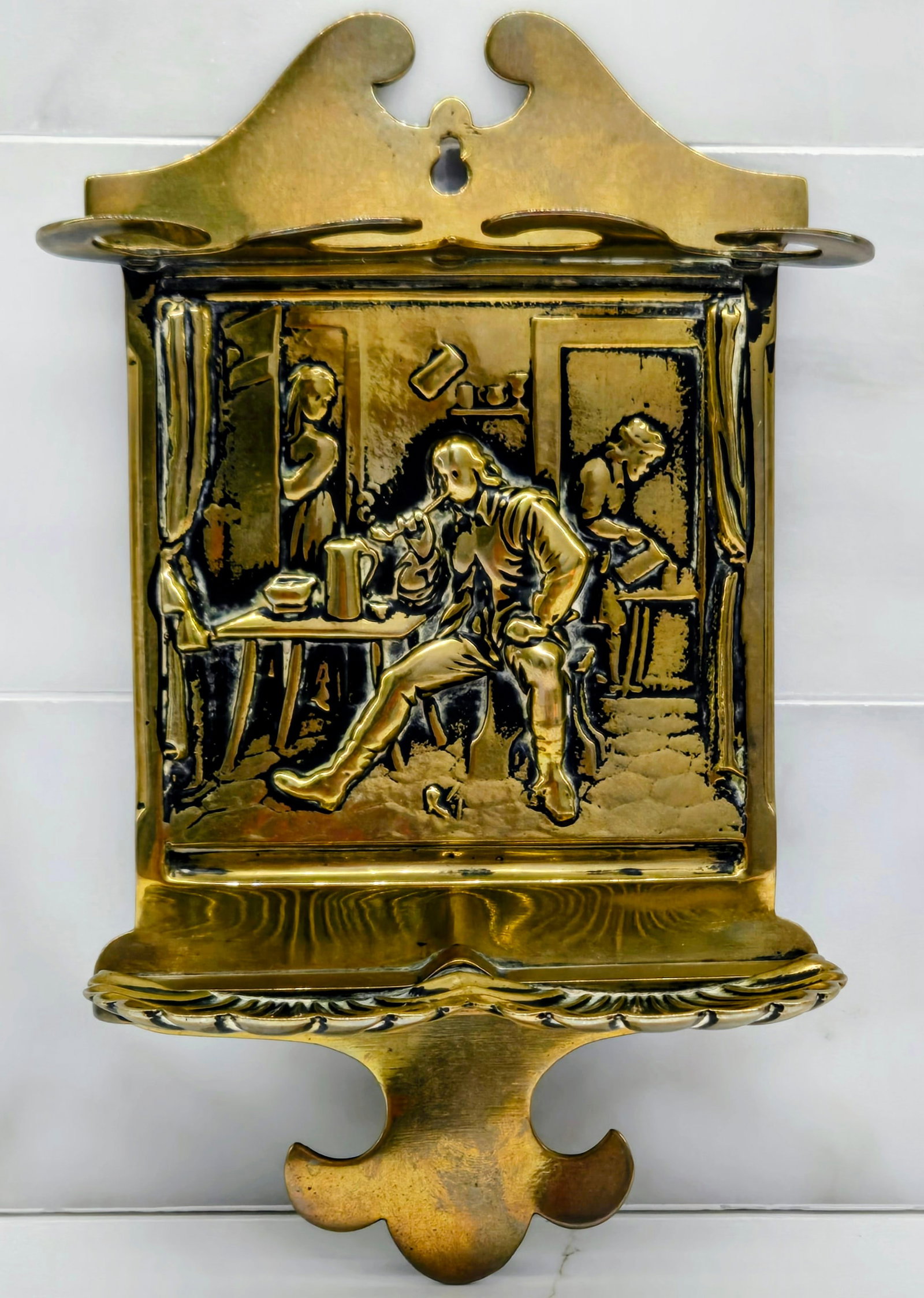 Vintage European Brass Tavern Interior Brass Wall Match Holder, Repousse Pub Scene Wall Pocket - 2