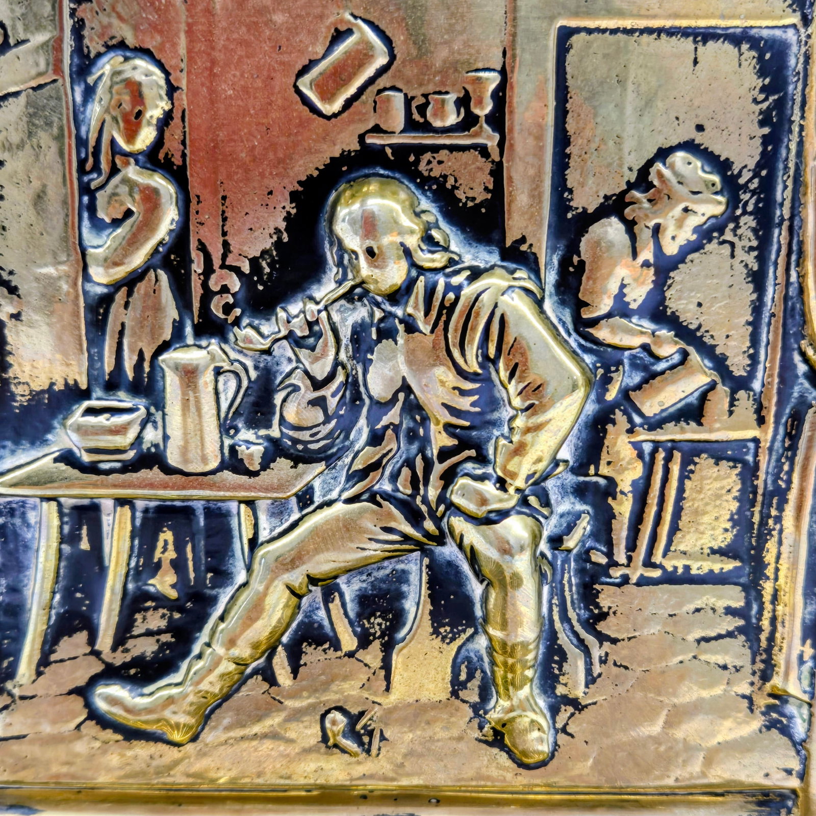Vintage European Brass Tavern Interior Brass Wall Match Holder, Repousse Pub Scene Wall Pocket - 3