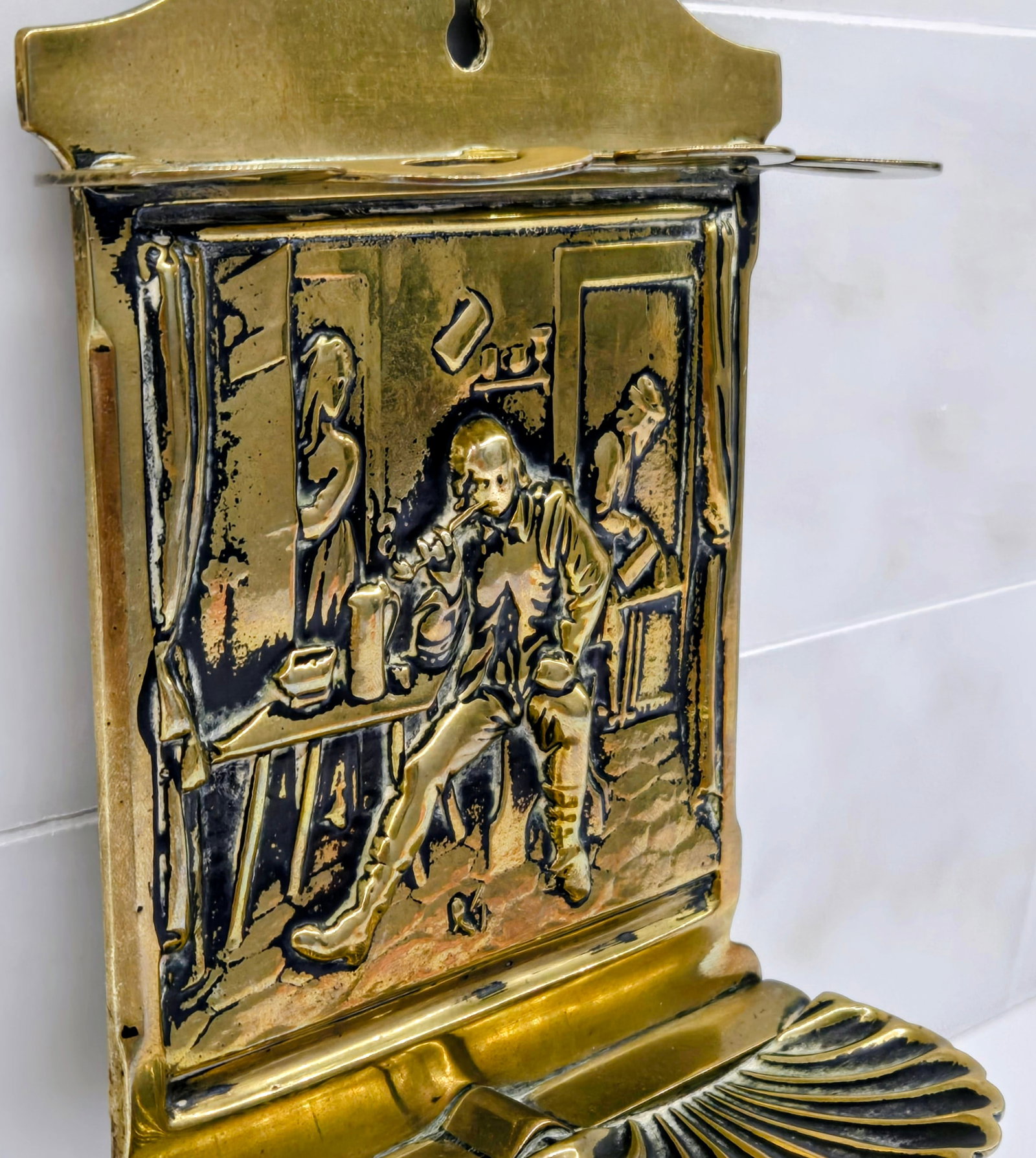 Vintage European Brass Tavern Interior Brass Wall Match Holder, Repousse Pub Scene Wall Pocket - 4