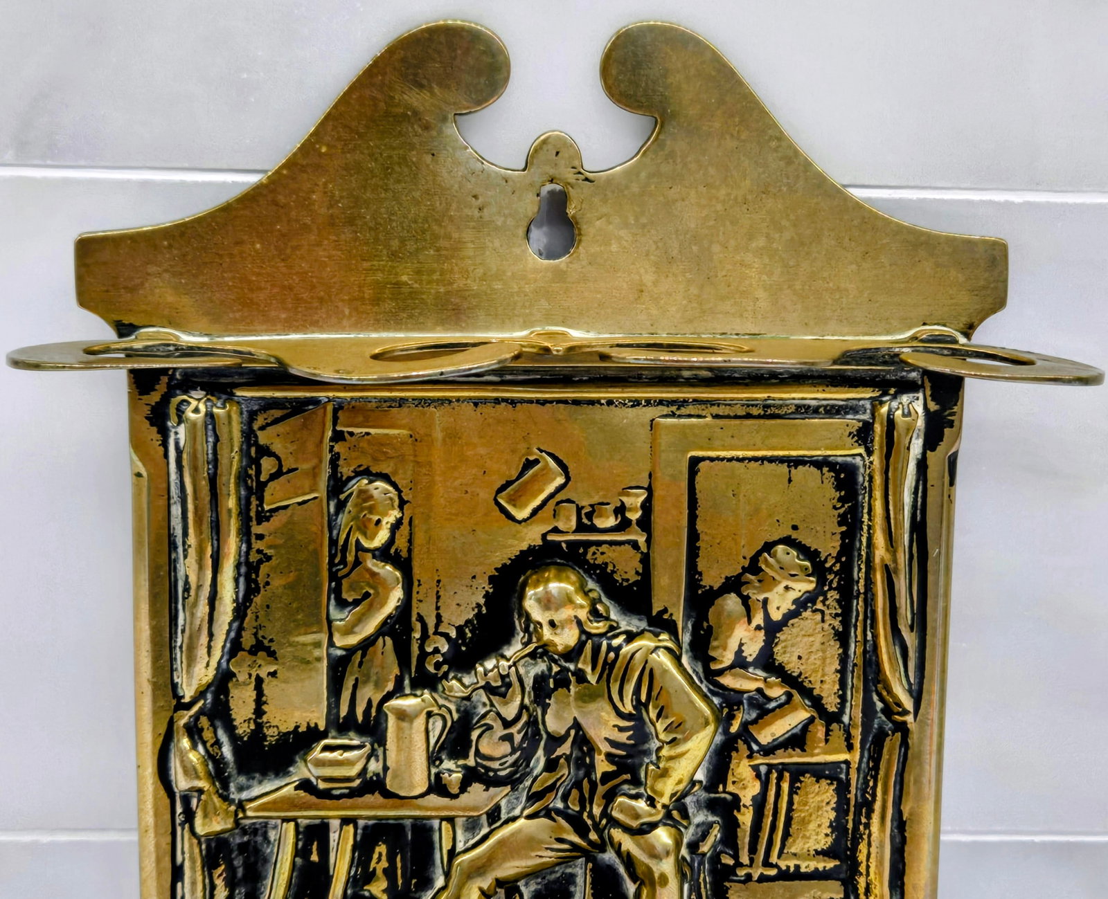 Vintage European Brass Tavern Interior Brass Wall Match Holder, Repousse Pub Scene Wall Pocket - 5