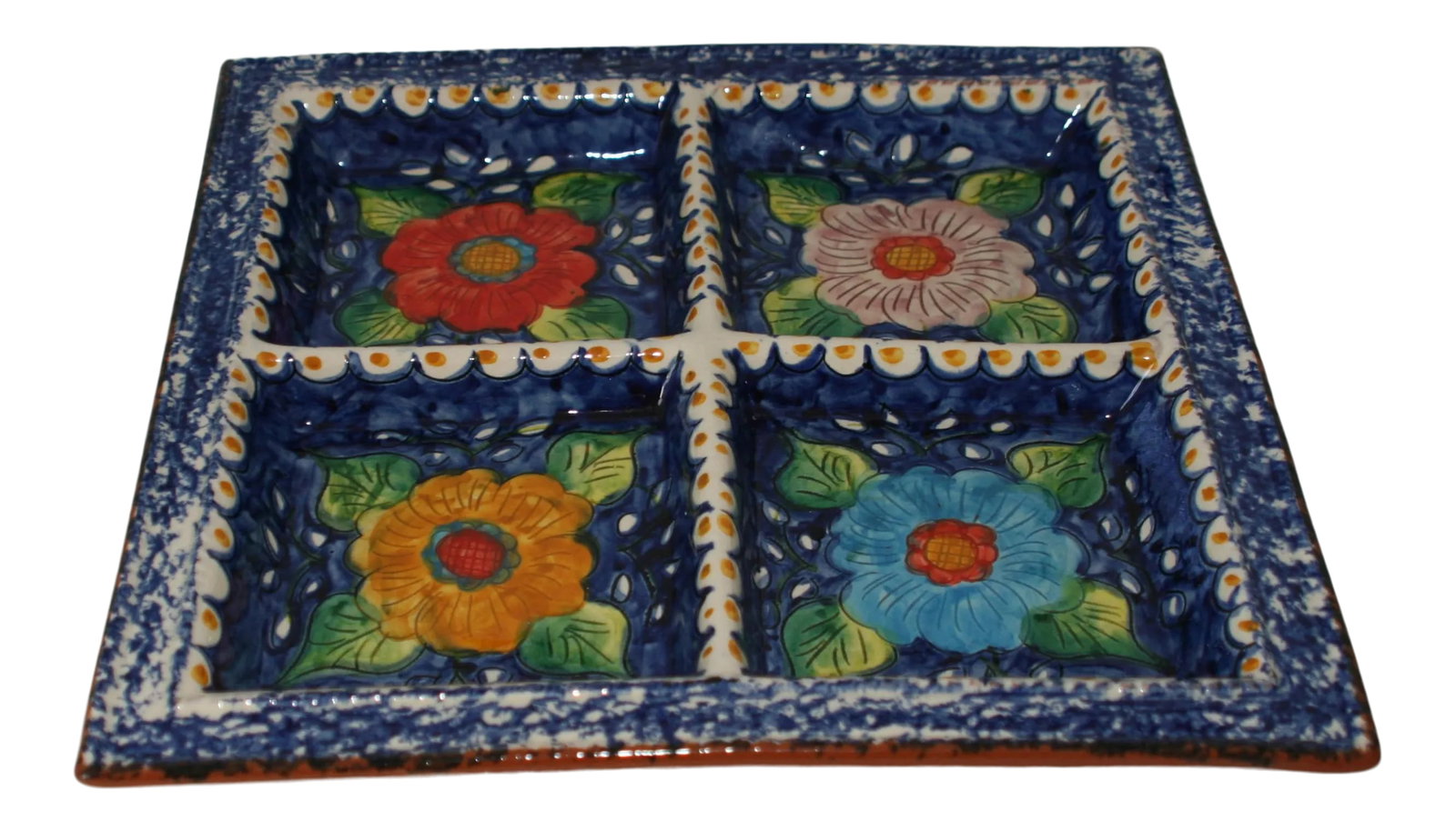 Vintage Hand Crafted Portugal Pottery Square Floral Divided Serving Tray: Vintage Hand Crafted Terracotta Pottery Divided Serving Tray Made In Portugal This square serving dish features 4 compartments of equal size. These compartments are edged with a wide, broad rim. Each 