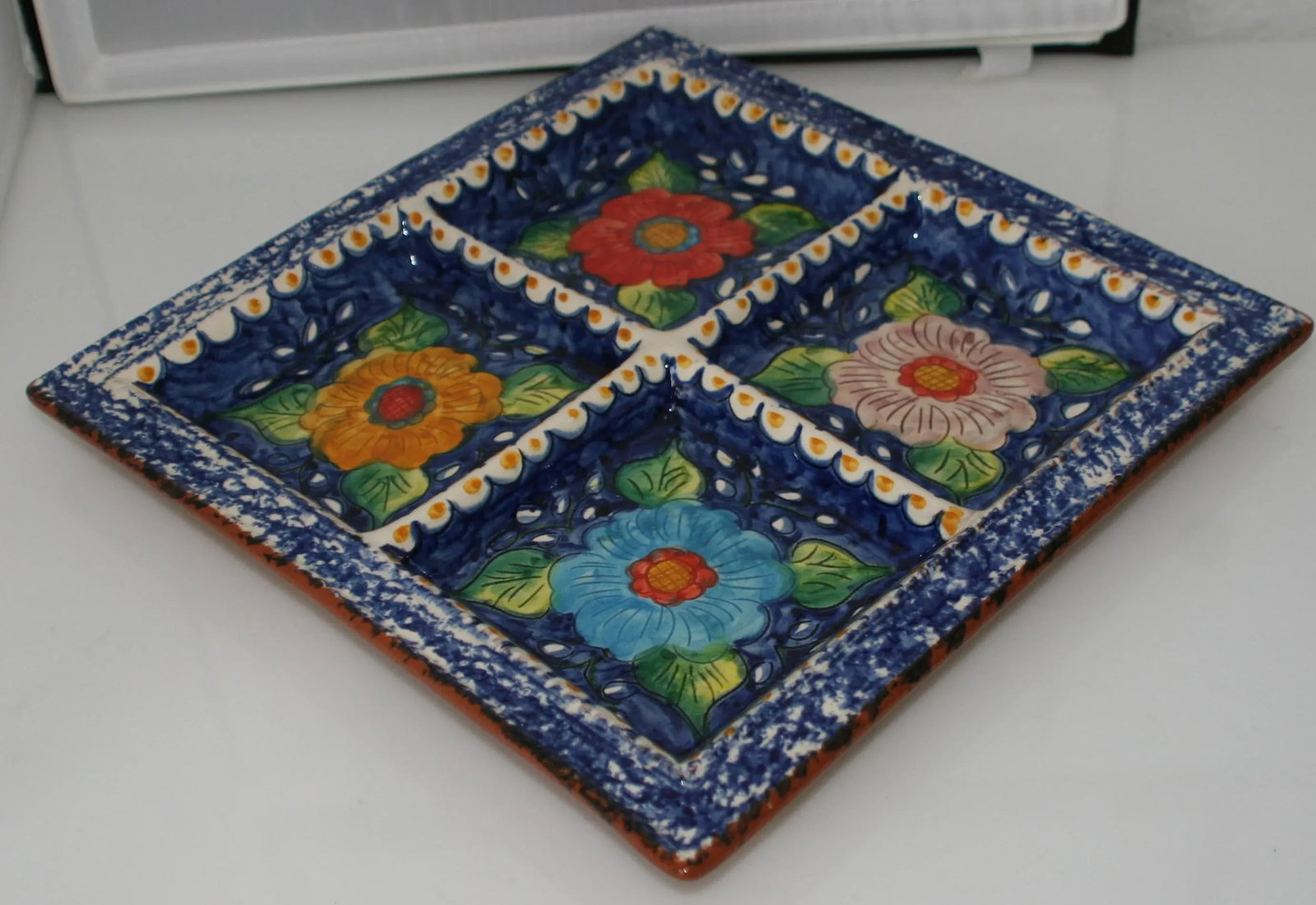 Vintage Hand Crafted Portugal Pottery Square Floral Divided Serving Tray - 2