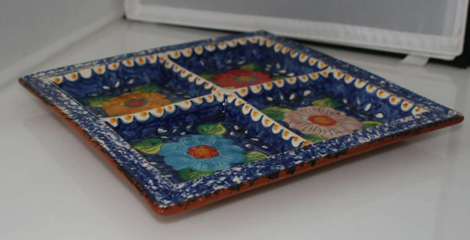 Vintage Hand Crafted Portugal Pottery Square Floral Divided Serving Tray - 3