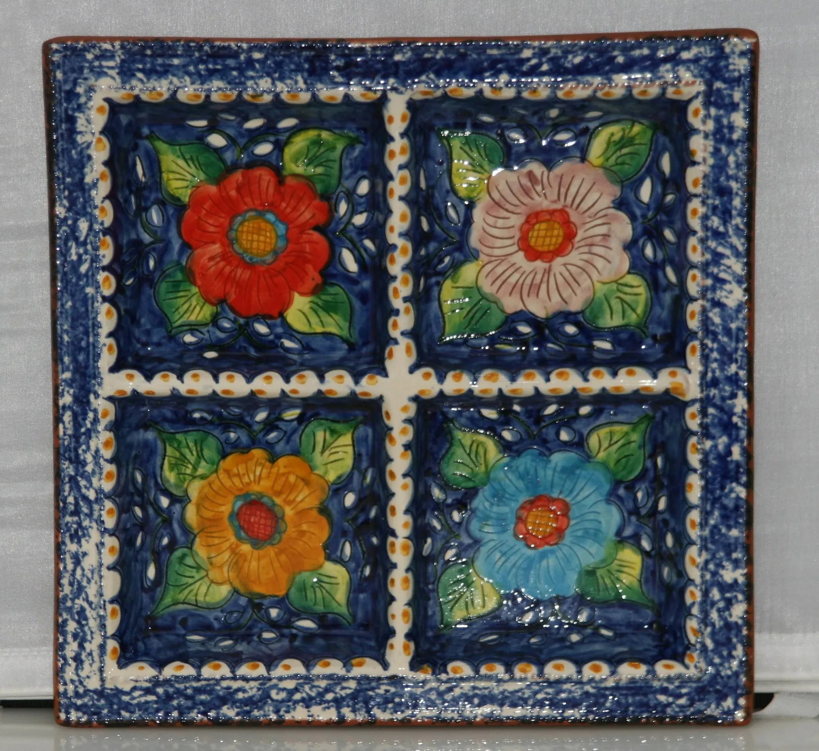 Vintage Hand Crafted Portugal Pottery Square Floral Divided Serving Tray - 4