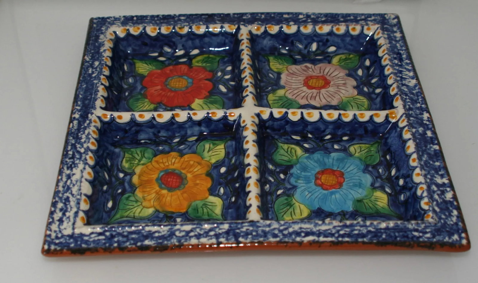 Vintage Hand Crafted Portugal Pottery Square Floral Divided Serving Tray - 5