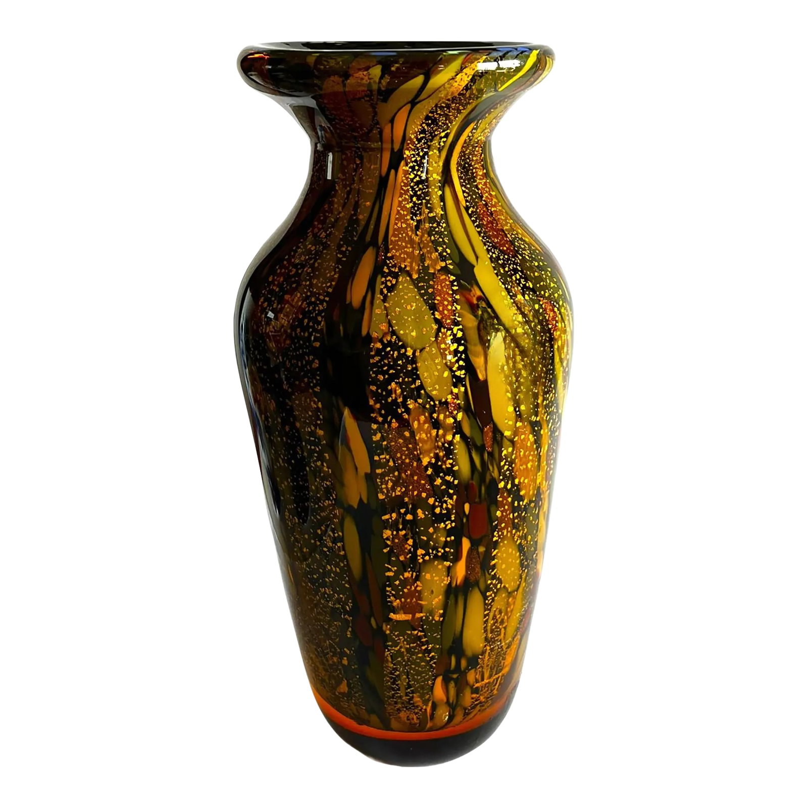 Modern Glass Vase With Splatters and Gold Dust in Murano Style: This brown glass vase with streaks of earth tone colors of olive green , rust, black and ochre streaks over gold dust exemplifies the Murano glassmaking tradition that flourished in Italy during the