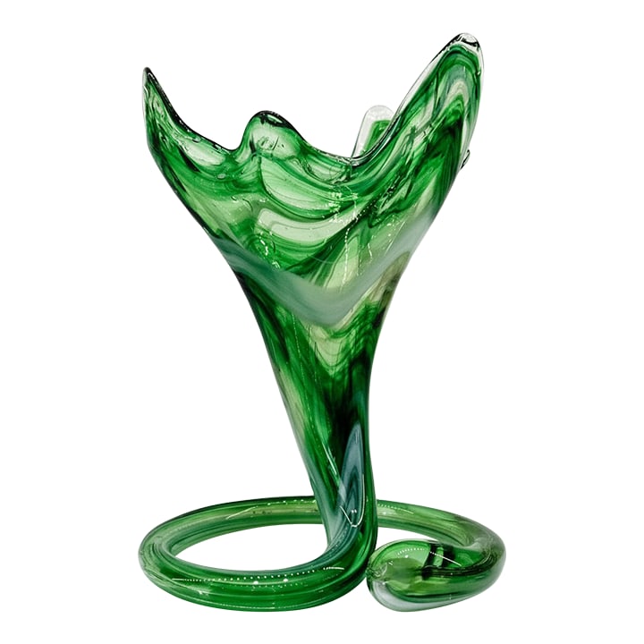 Mid-Century Modern Emerald Swirl Murano Style Handkerchief Vase: This sculptural emerald and milk glass handkerchief vase brings a dramatic mid-century modern flourish to any vignette. Hand-blown in Murano style, the piece features a twisting spiral body that loops