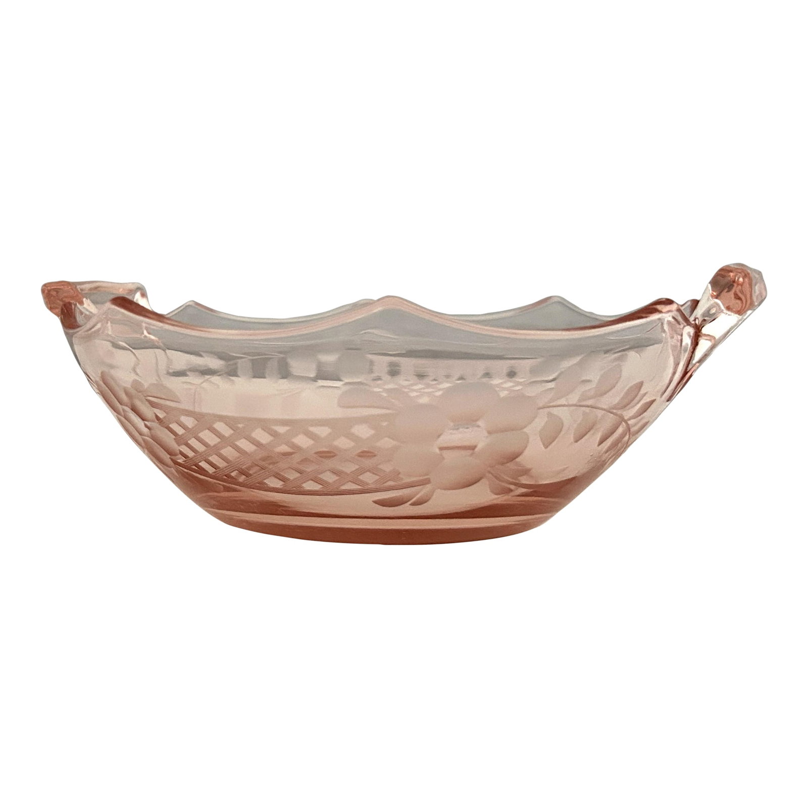Vintage Elegant Pink Depression Glass Scalloped Lattice & Floral Etched Serving Bowl With Handles: Vintage Pink Elegant Depression Glass Bowl with Lattice & Floral Design This vintage pink glass bowl was produced during the 1930s. It is round with applied side handles and has a wide, wavy,
