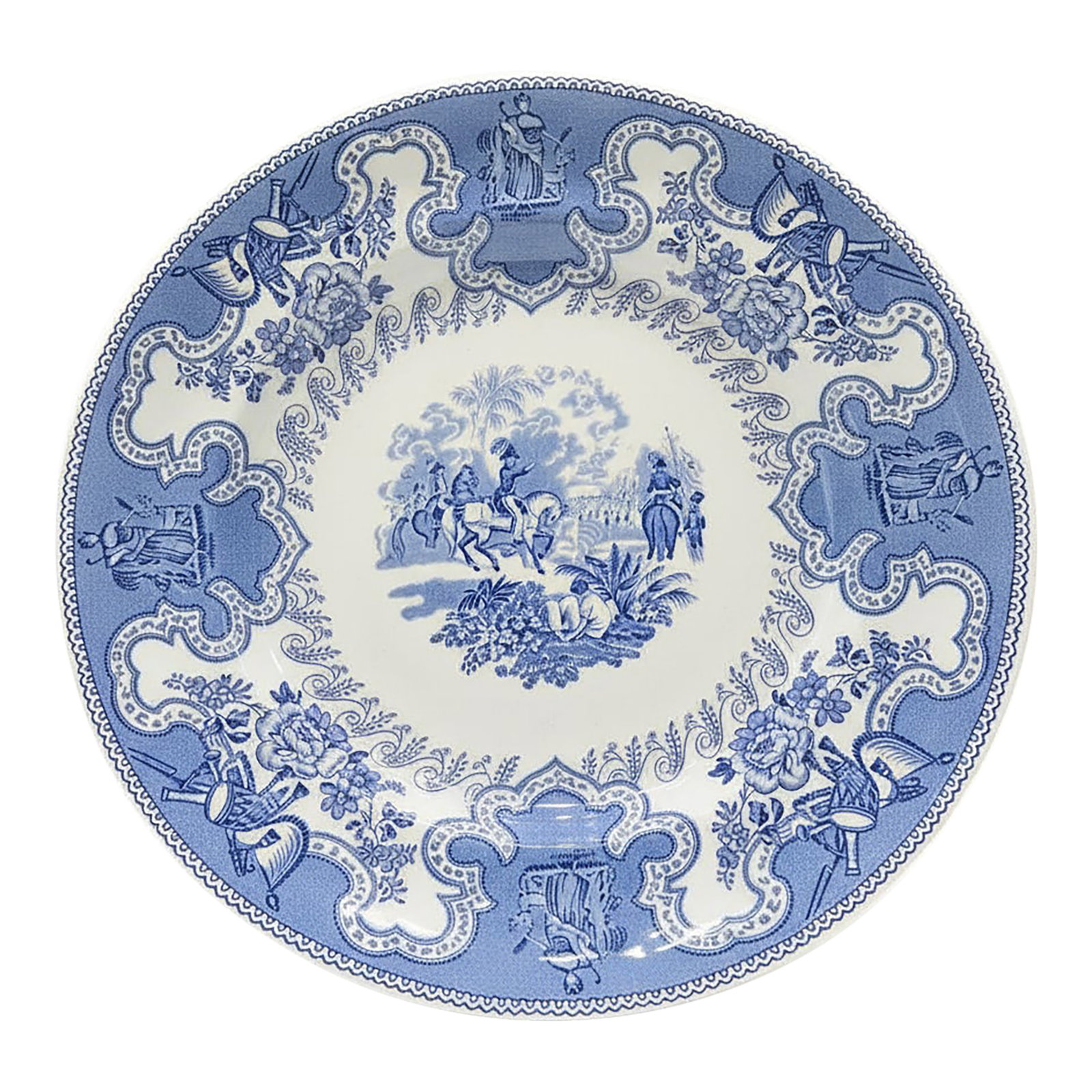 1970s Texian Campaigne Staffordshire Blue Plate by Mottahedeh - Dallas County Heritage Society Autho: Striking Texian Campaigne transferware plate in Staffordshire blue, an authorized Mottahedeh reproduction for the Dallas County Heritage Society and Old City Park in Dallas, Texas. This design