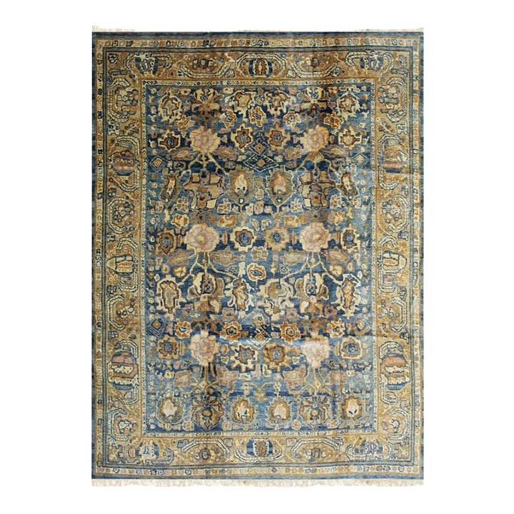 9x12 Blue Hand-Knotted Wool Faded Floral Bloom Geometric Modern Carpet Rug: This blue mohair rug features a hand knotted pile construction and originates from China. The piece serves as a substantial floor covering with a medium pile thickness that balances underfoot texture 