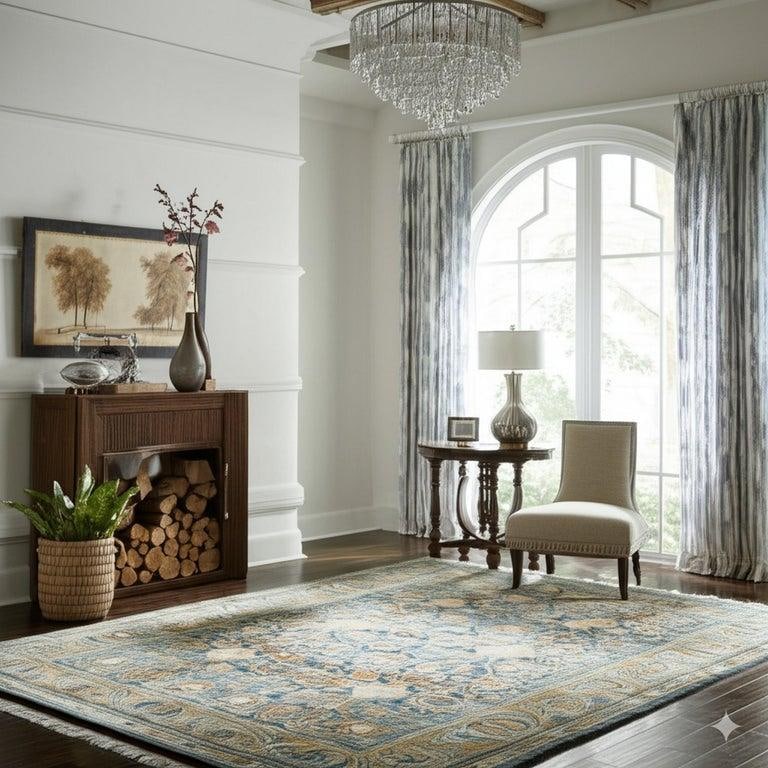 9x12 Blue Hand-Knotted Wool Faded Floral Bloom Geometric Modern Carpet Rug - 5