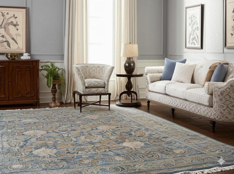 9x12 Blue Hand-Knotted Wool Faded Floral Bloom Geometric Modern Carpet Rug - 6