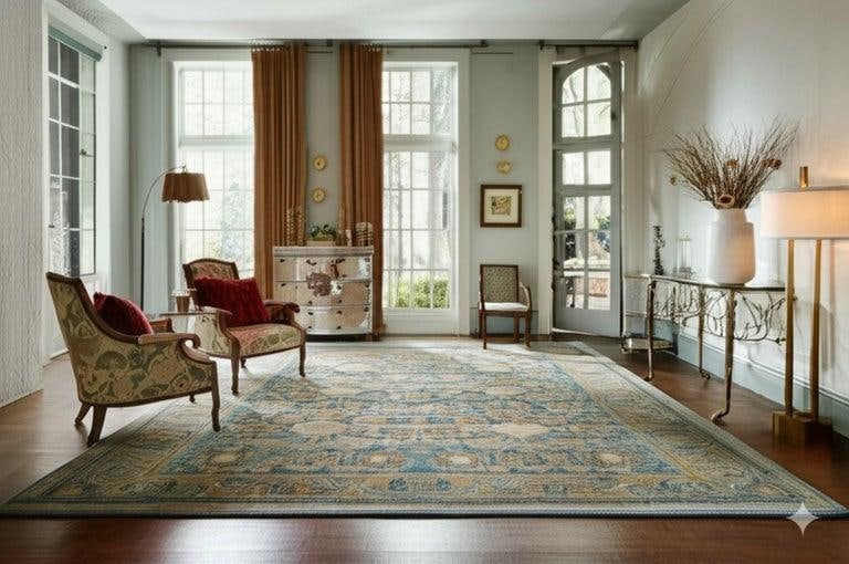 9x12 Blue Hand-Knotted Wool Faded Floral Bloom Geometric Modern Carpet Rug - 7