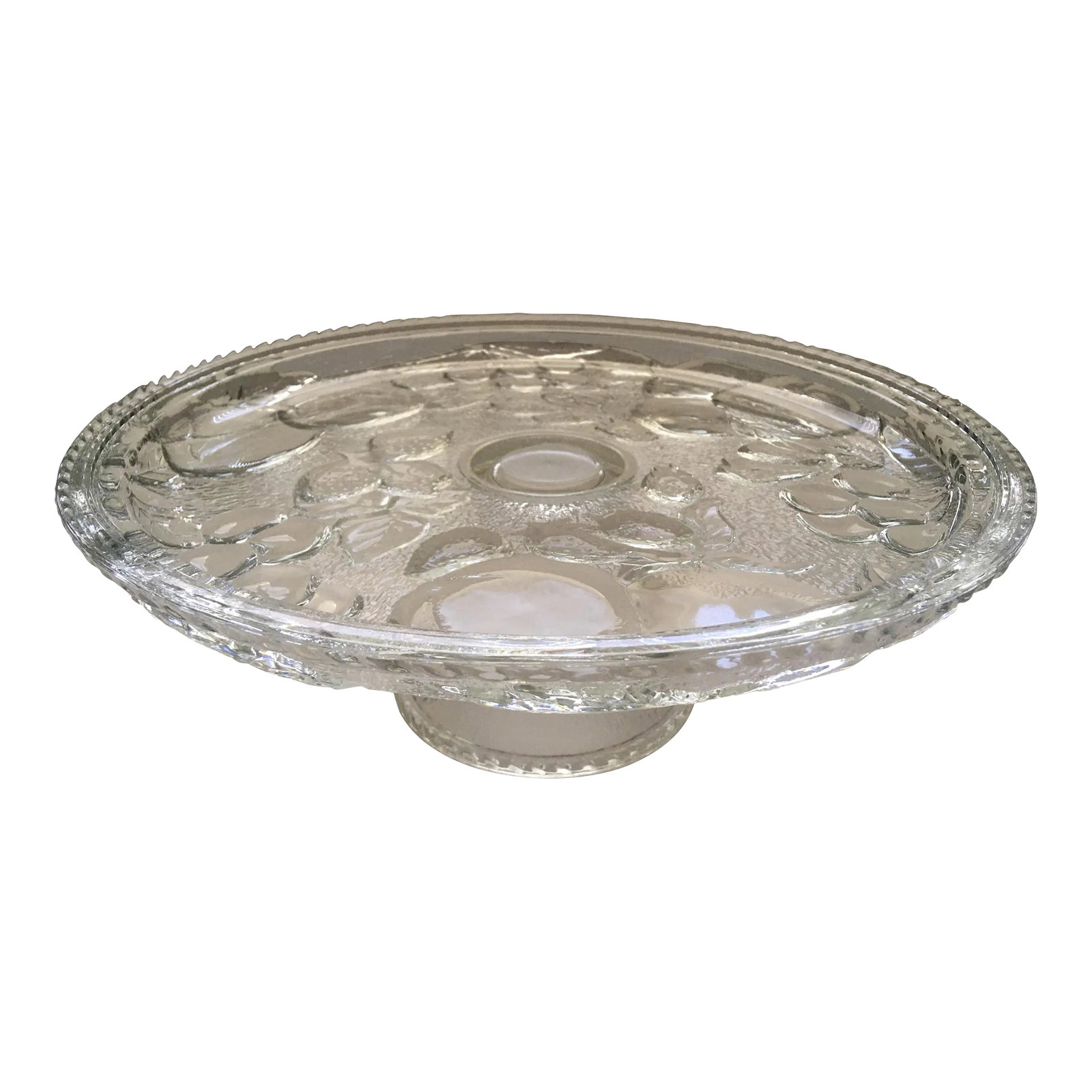 Vintage Fruit Pressed Glass Cake Stand: A mid 20th century round pressed glass stand in a fruit pattern which features cherries, peaches & strawberries. Ships within 1-2 days using USPS. All items packed with care. Please contact us with