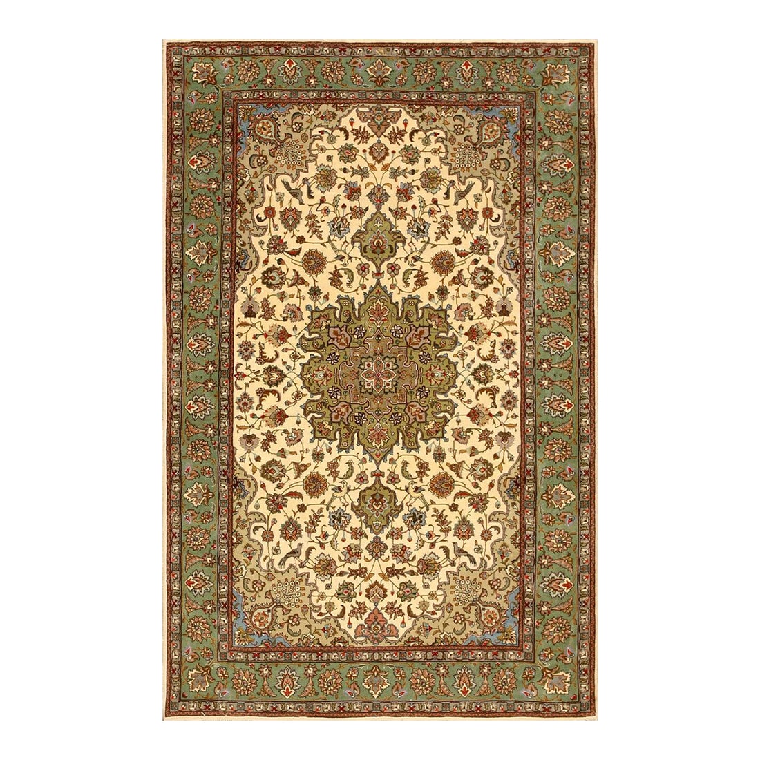 1940s Ivory Medallion Antique Persian Tabriz Rug 4' 10'' X 7' 9'' Handknotted Wool Carpet: Antique Persian Tabriz rug, size: 4' 10'' x 7' 9''. A one-of-a-kind vintage Tabriz rug, The composition combines floral motifs with a classic medallion design - the canonical Tabriz workshop formula. 