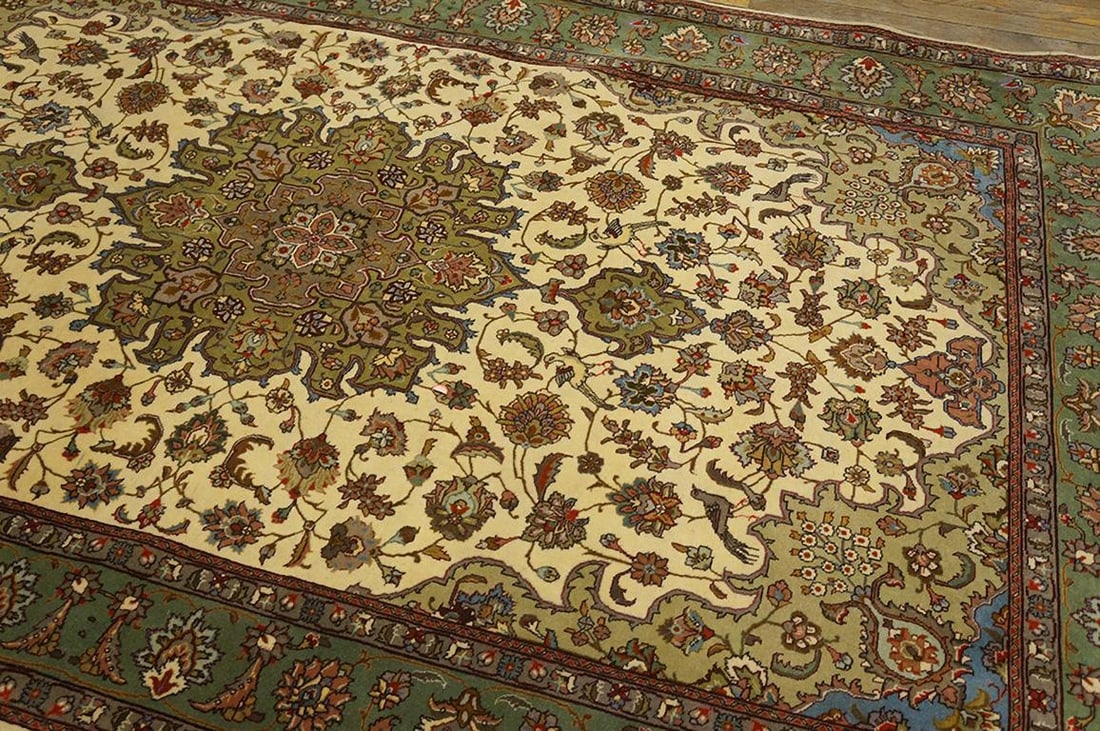 1940s Ivory Medallion Antique Persian Tabriz Rug 4' 10'' X 7' 9'' Handknotted Wool Carpet - 3