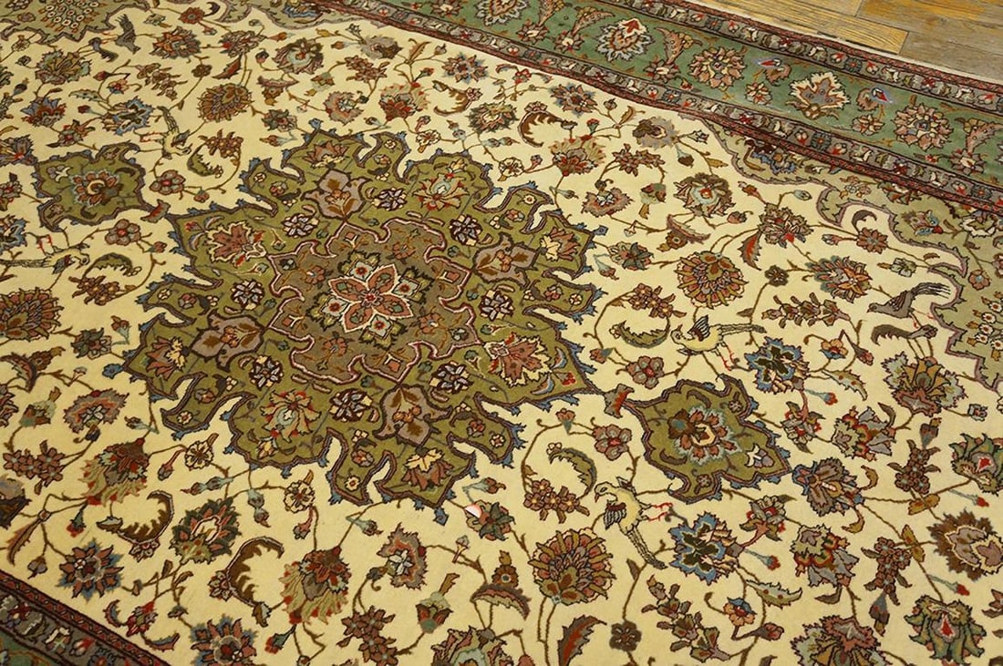 1940s Ivory Medallion Antique Persian Tabriz Rug 4' 10'' X 7' 9'' Handknotted Wool Carpet - 4