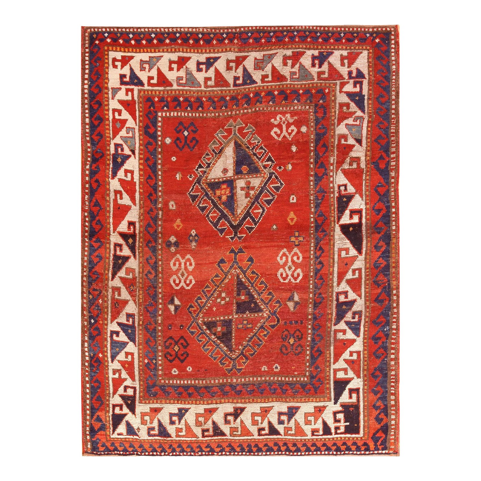 1880s Red Diamond Antique Caucasian Kazak Rug 3' 9'' X 5' 2'' Handknotted Wool Carpet: Antique Caucasian, Kazak rugs, size: 3' 9'' x 5' 2''. Antique Caucasian Wool Coral / Salmon Pink Hand Knotted Pile Rug, Circa Date: 1880s. This striking example of antique rugs features a highly