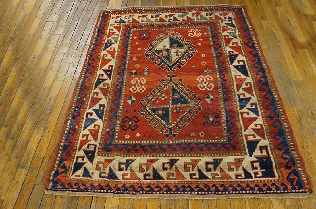 1880s Red Diamond Antique Caucasian Kazak Rug 3' 9'' X 5' 2'' Handknotted Wool Carpet - 2