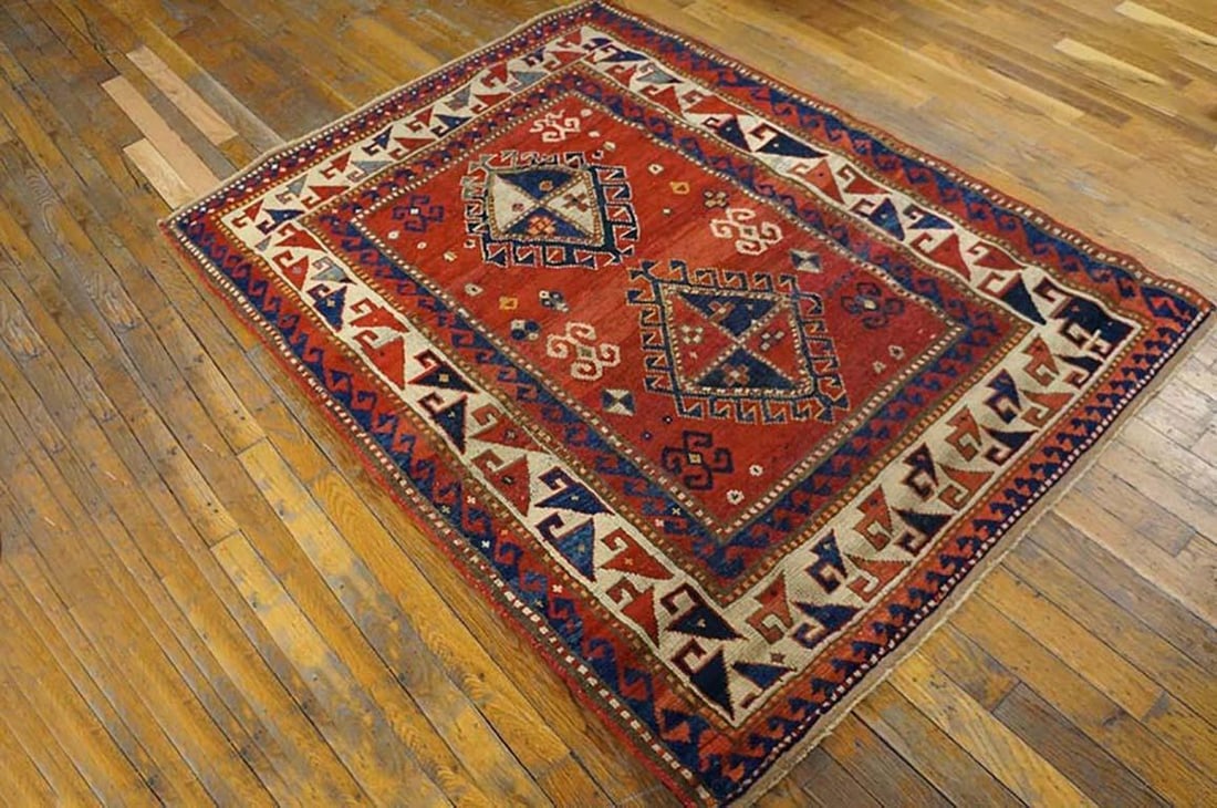 1880s Red Diamond Antique Caucasian Kazak Rug 3' 9'' X 5' 2'' Handknotted Wool Carpet - 3
