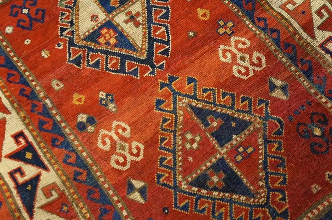 1880s Red Diamond Antique Caucasian Kazak Rug 3' 9'' X 5' 2'' Handknotted Wool Carpet - 5