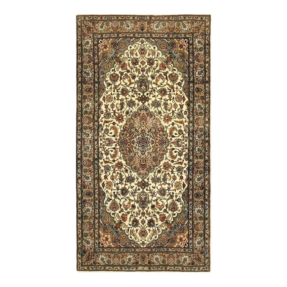 1940s Ivory Medallion Antique Persian Tabriz Rug 4'0" X 7'6 Handknotted Wool Carpet: Antique Persian Tabriz rug, measures: 4'0" x 7'6". A one-of-a-kind antique Tabriz rug Tabriz is a major city in northwestern and one of the historically most important centers of high-quality formal