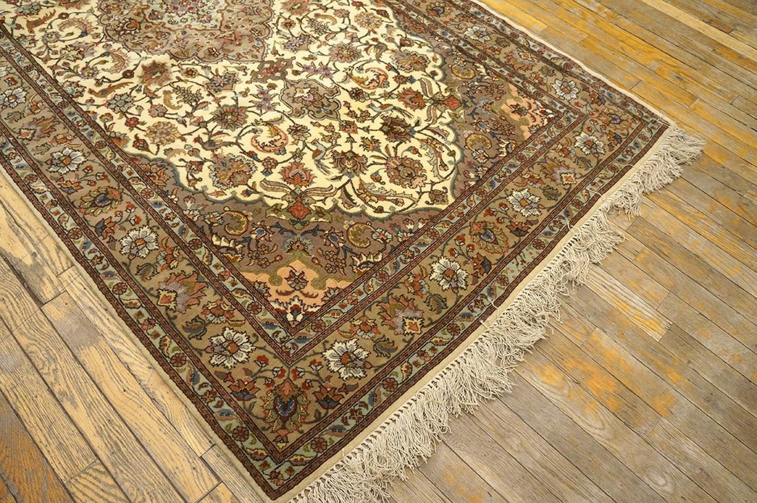 1940s Ivory Medallion Antique Persian Tabriz Rug 4'0" X 7'6 Handknotted Wool Carpet - 5