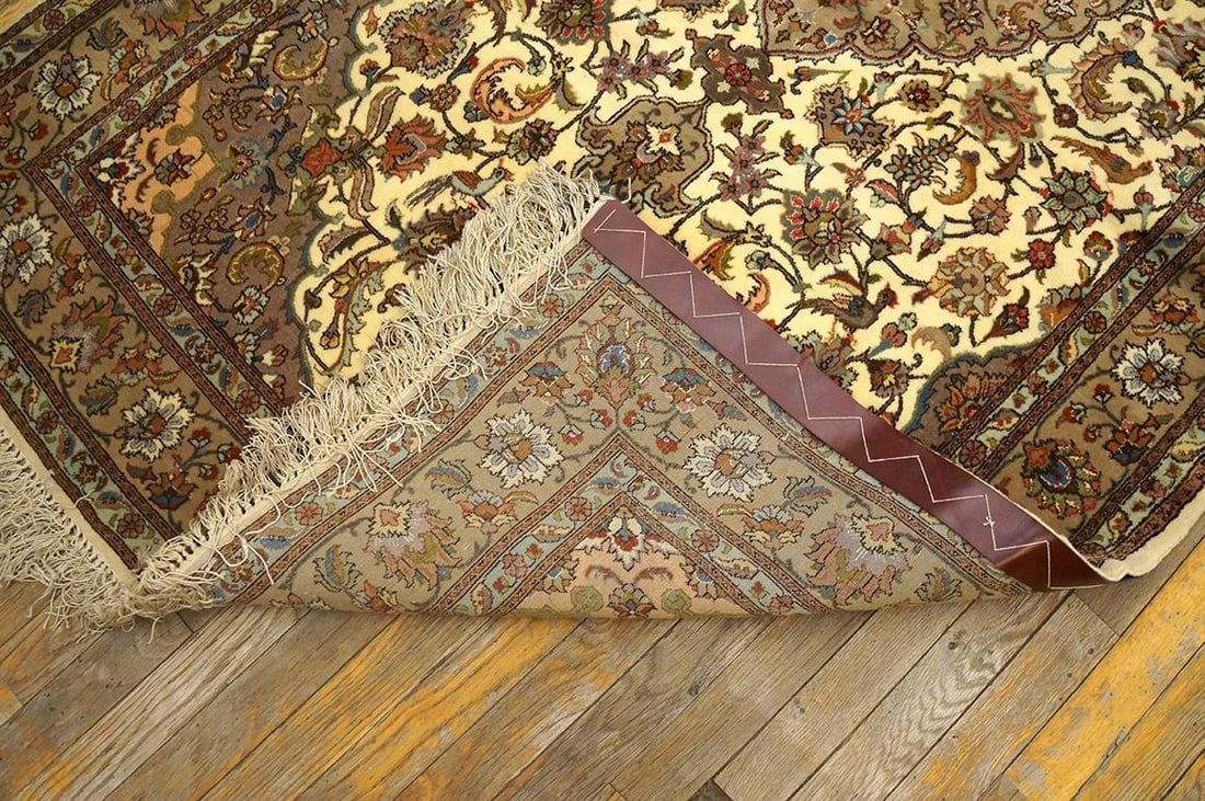 1940s Ivory Medallion Antique Persian Tabriz Rug 4'0" X 7'6 Handknotted Wool Carpet - 6