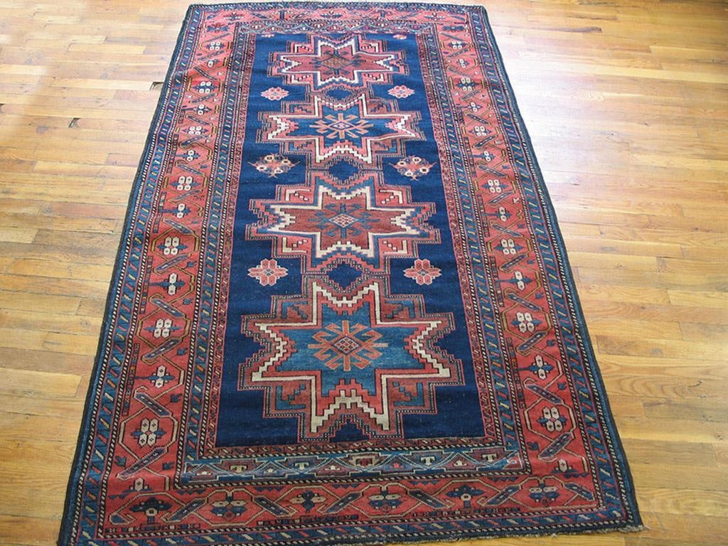 1920s Blue Navy Geometric Tribal Antique Caucasian Lesghi Rug 4'0" X 7'3" Handknotted Wool Carpet - 2