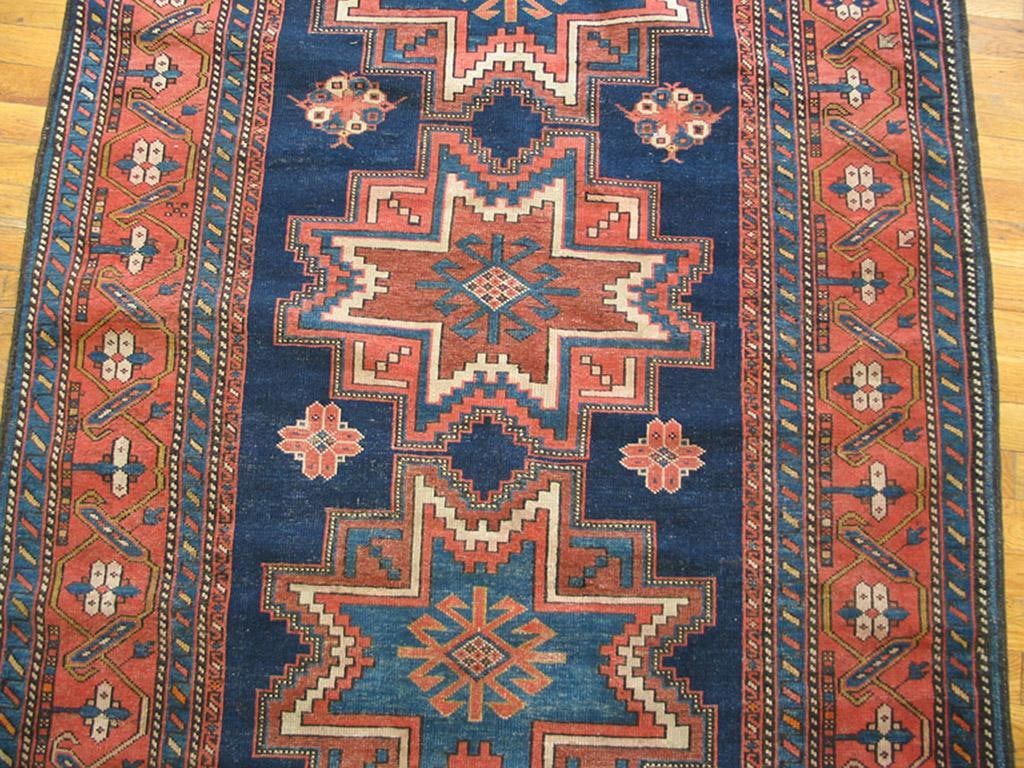 1920s Blue Navy Geometric Tribal Antique Caucasian Lesghi Rug 4'0" X 7'3" Handknotted Wool Carpet - 3