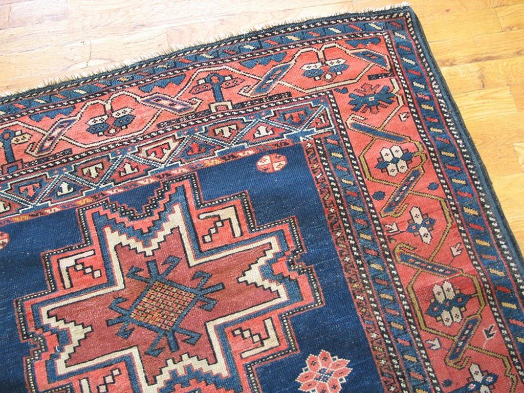 1920s Blue Navy Geometric Tribal Antique Caucasian Lesghi Rug 4'0" X 7'3" Handknotted Wool Carpet - 4
