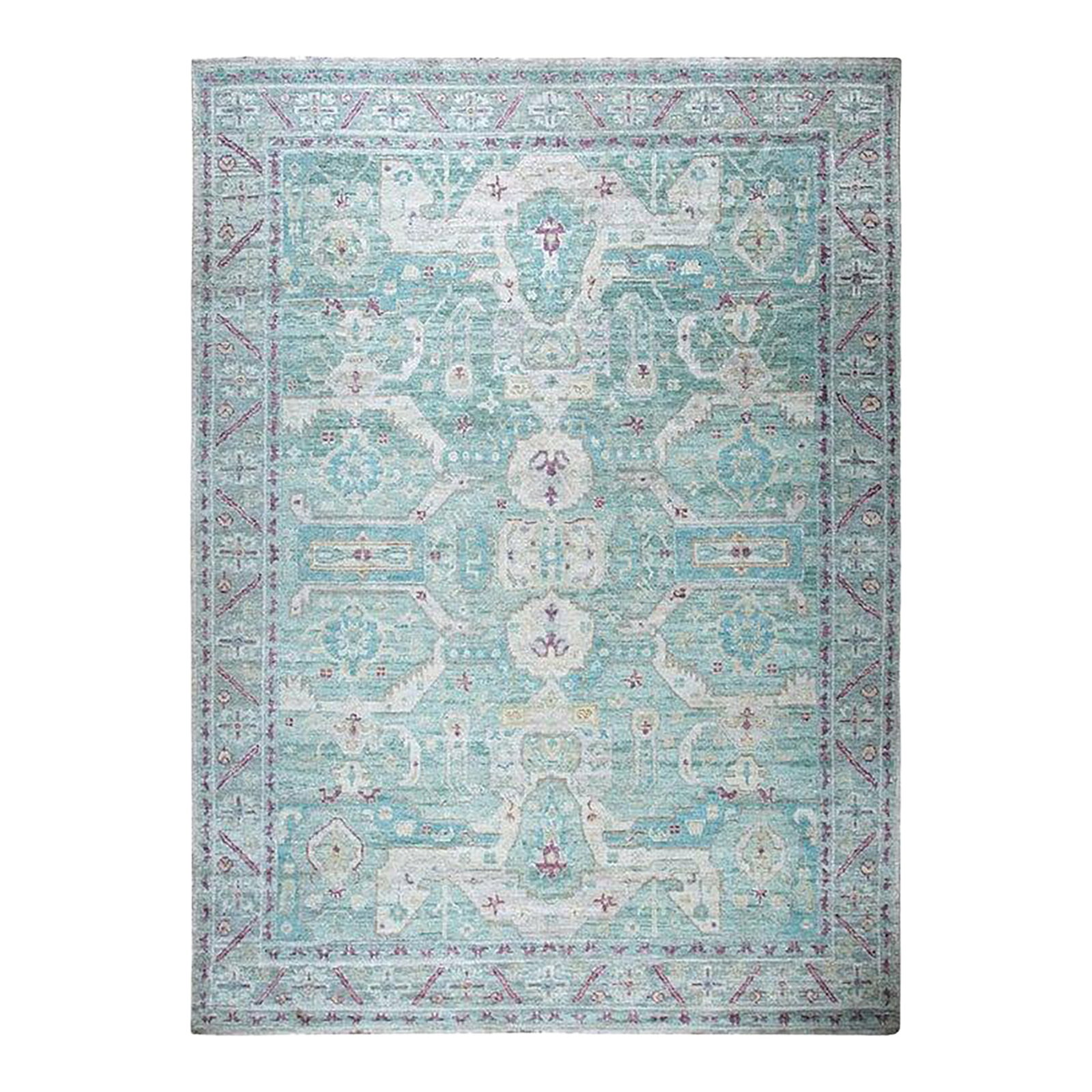 9x12 Green Hand-Knotted Silk Faded Turquoise Medallions Tribal Modern Carpet Rug: This green silk rug features a hand knotted pile weave construction. Originating from India, it displays a traditional tribal Garous design with an allover pattern. The piece falls under the EORC Rugs