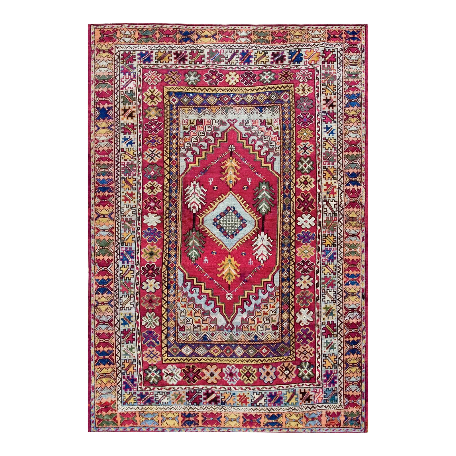 1900s Red Medallion Antique Moroccan Rabat Rug 6'8" X 9'6" Handknotted Wool Carpet: Late 19th Century Moroccan Rabat Carpet ( 6'8" x 9'6" - 203 x 290 ) An early 20th-century antique Moroccan Rabat carpet from the 1900s, The piece measures approximately 6'8'' * 9'6'' (per the seller