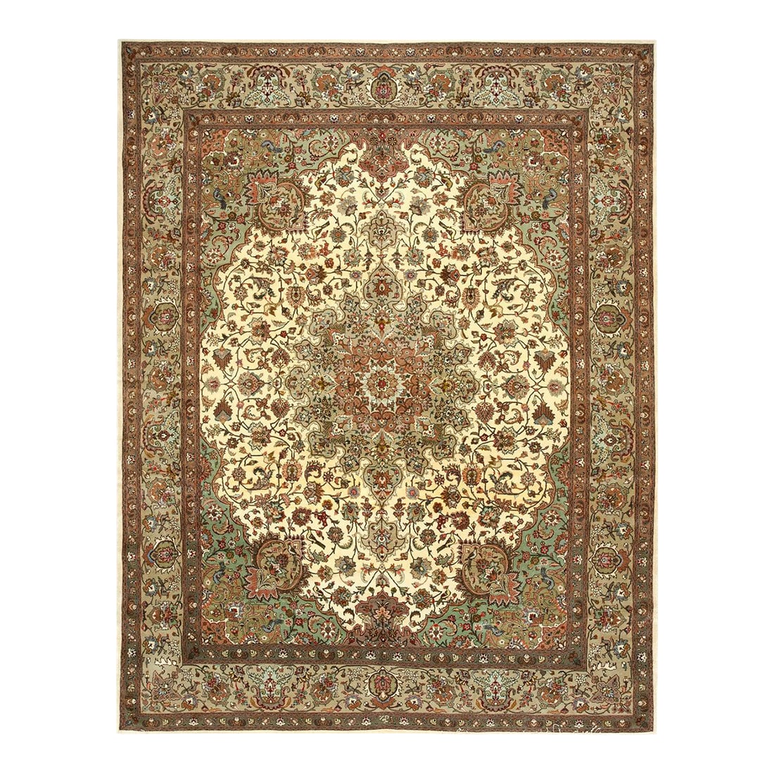1940s Ivory Medallion Antique Persian Tabriz Rug 7' 5" X 10' 5" Handknotted Wool Carpet: Antique Persian Tabriz rug, Size:7' 5'' x 10' 5''. A one-of-a-kind antique Tabriz rug, The piece measures approximately 7'5'' * 10'5'' (per the seller listing). Tabriz is a major city in northwestern 