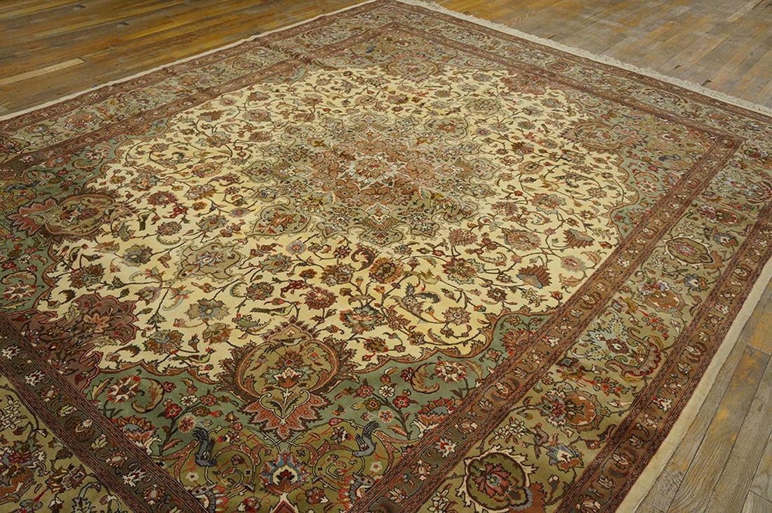 1940s Ivory Medallion Antique Persian Tabriz Rug 7' 5" X 10' 5" Handknotted Wool Carpet - 3