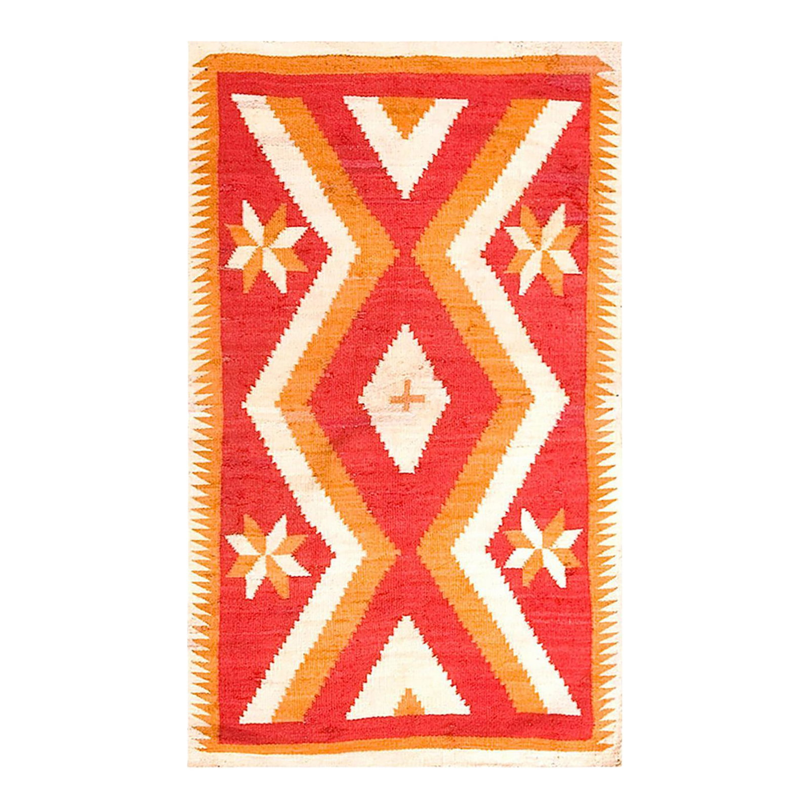 1880s Red Orange Diamond Tribal Antique American Navajo Rug 3' 4"x 5' 8" Flatweave Wool Carpet: Antique Navajo Small Scatter Size Wool Coral Rug, Circa Date: 1880s. This exceptional weaving hails from the late 19th century, representing the apex of early Navajo textile artistry. The bold,