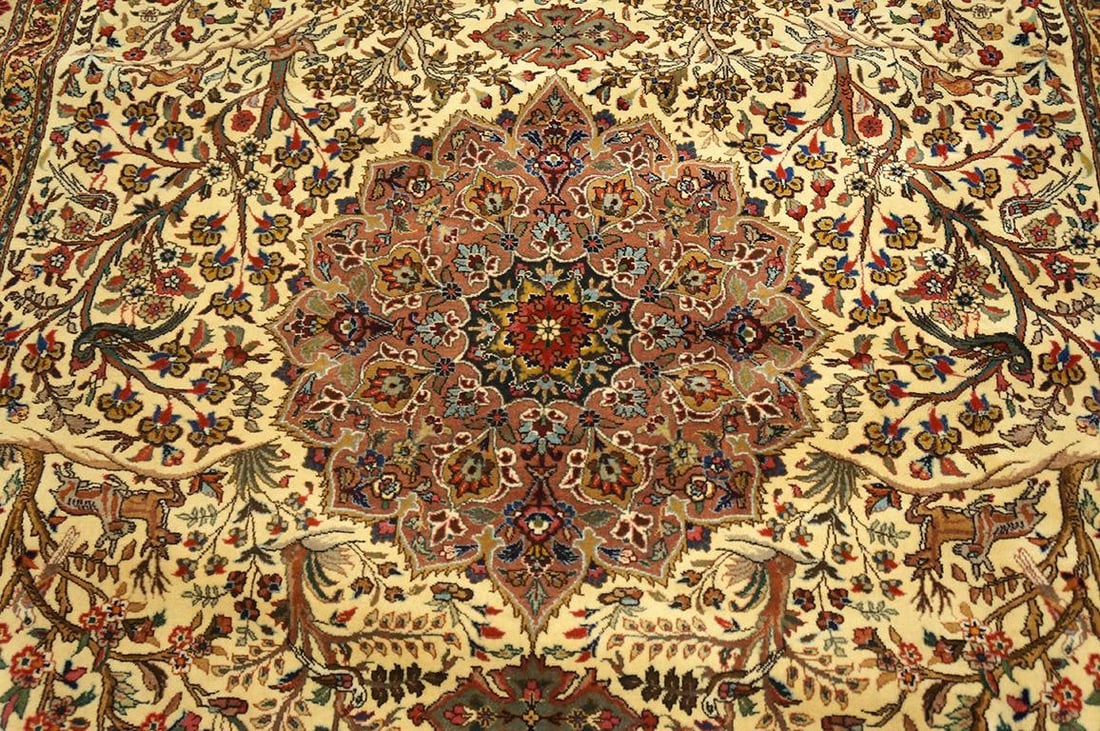 1940s Beige Antique Medallion Cyprees Tree Tabriz Northwestern Knotted Wool Rug - 3