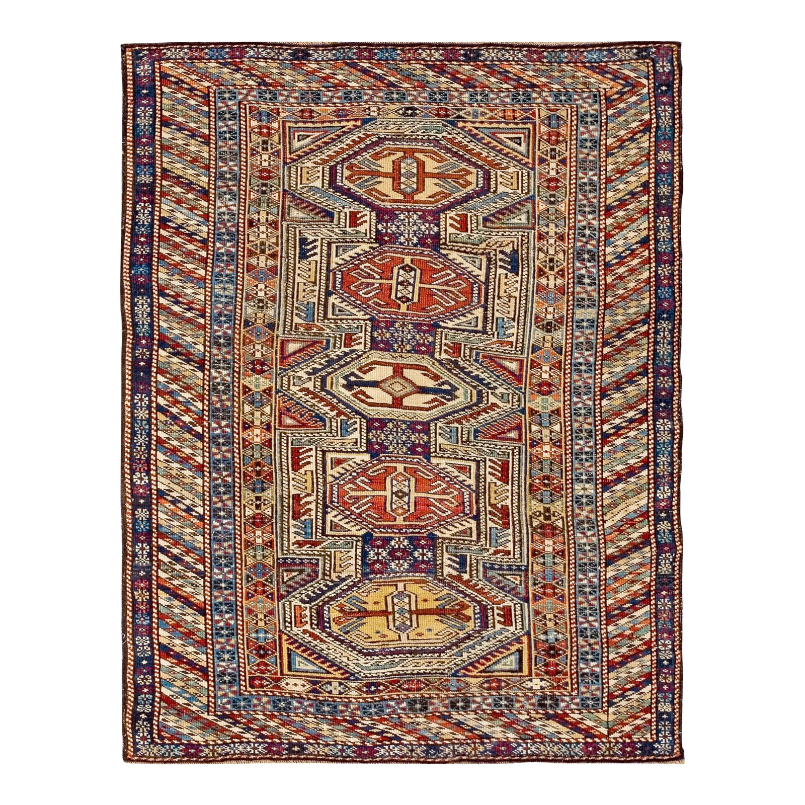 1890s Multic Geometric Tribal Antique Caucasian Shirvan Rug 3'5" X 4'5" Handknotted Wool Carpet: Late 19th Century Caucasian Shirvan Carpet ( 3'5" x 4'5"- 104 x 134 cm ) This antique Caucasian Shirvan rug from the 1890s is a magnificent example of traditional tribal weaving, known for its