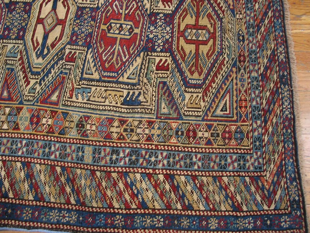 1890s Multic Geometric Tribal Antique Caucasian Shirvan Rug 3'5" X 4'5" Handknotted Wool Carpet - 3
