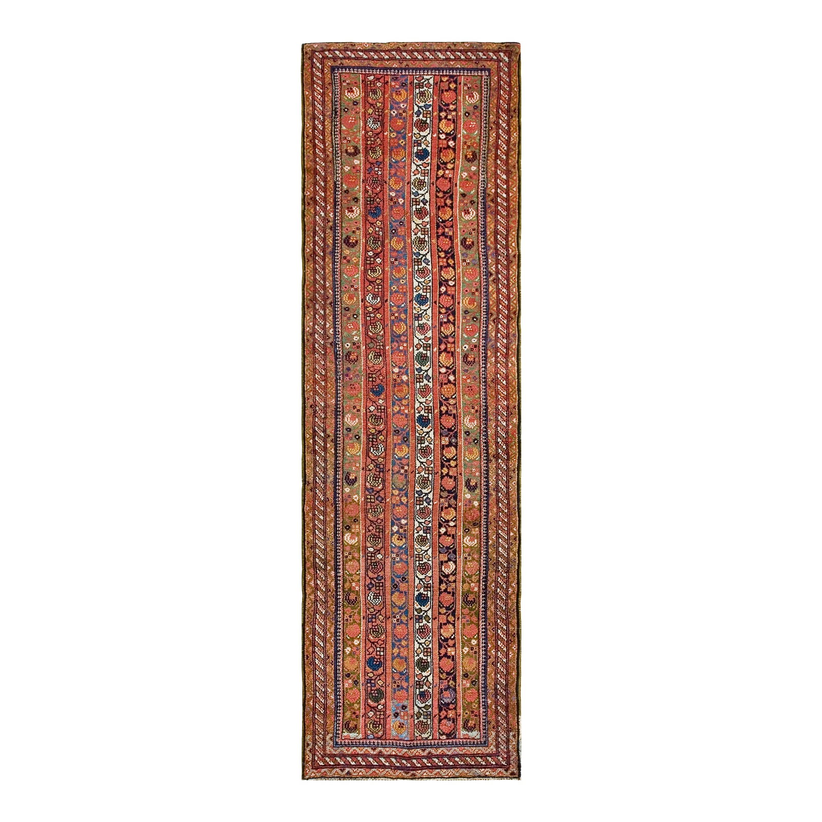 1900s Multicolor Geometric Handknotted Antique Persian Kurdish Runner Rug '5" X 11'8" Wool Carpet: Early 20th Century W. Persian Kurdish Runner Carpet 3'5" x 11'8" - 104 x 356 Antique Kurdish Hallway Runner Wool Multicolor Rug, Circa Date: 1900s. This exceptional piece of textile history