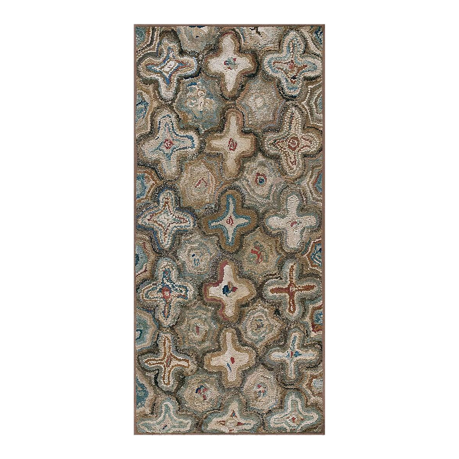 1930s Gray Cross Folk Art Antique American Hooked Rug 3'4" X 6'11" Handknotted Wool Carpet: Antique American Hooked Rug, Size: 3'4" x 6'11" American Hooked Rugs Contemporary American Hooked carpet utilizing strips of fabric to compose designs that express the tradition of hooked carpets in