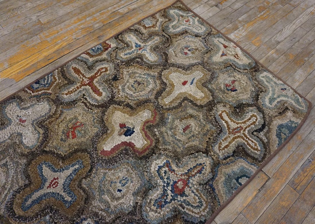1930s Gray Cross Folk Art Antique American Hooked Rug 3'4" X 6'11" Handknotted Wool Carpet - 2