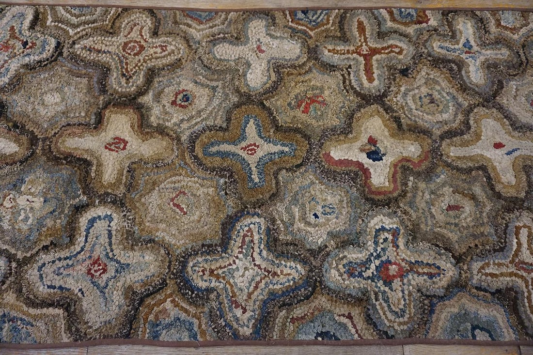 1930s Gray Cross Folk Art Antique American Hooked Rug 3'4" X 6'11" Handknotted Wool Carpet - 3
