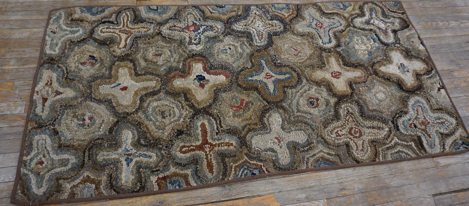 1930s Gray Cross Folk Art Antique American Hooked Rug 3'4" X 6'11" Handknotted Wool Carpet - 5