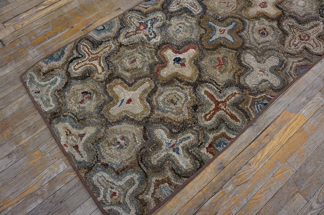 1930s Gray Cross Folk Art Antique American Hooked Rug 3'4" X 6'11" Handknotted Wool Carpet - 6