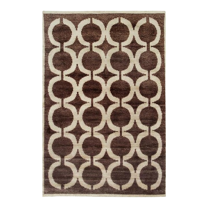 6x9 Brown Hand-Knotted Wool Bamboo Silk Linked Circles Design Tribal Carpet Rug: This hand knotted pile rug features a brown earth tone palette and is constructed from a blend of wool and bamboo silk. As part of the EORC Rugs collection, it combines traditional manufacturing techn